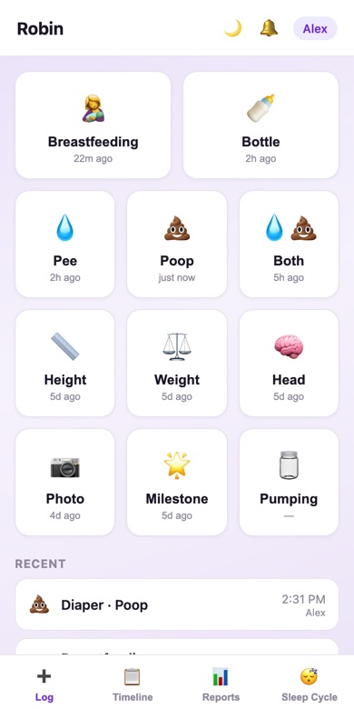 Log screen with big buttons for feeds, diapers and measurements