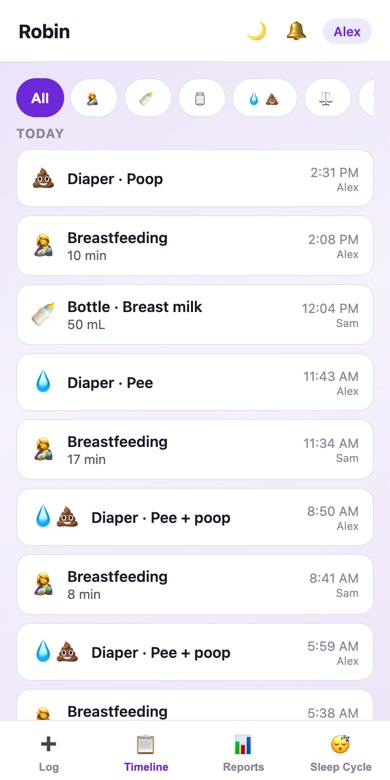 Timeline of feeds and diapers, tagged by which parent logged them